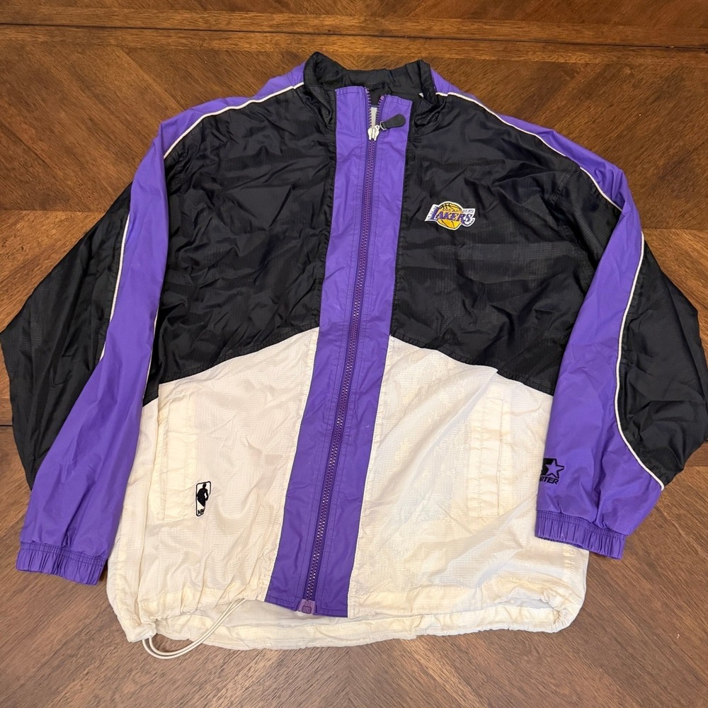 Vintage Starter Los Angeles Lakers Windbreaker Jacket XL Black Purple NBA Zip Up